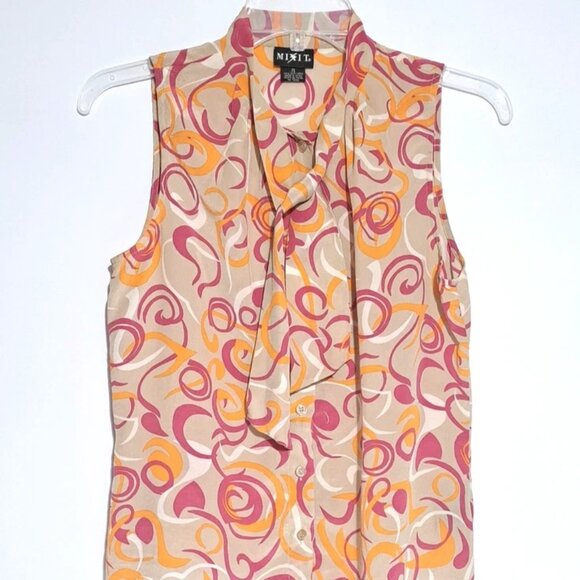 Vintage Mixit 100% Silk Tie Neck Top Sleeve Less Button Down Blouse Sz 8 Casual - Picture 3 of 8